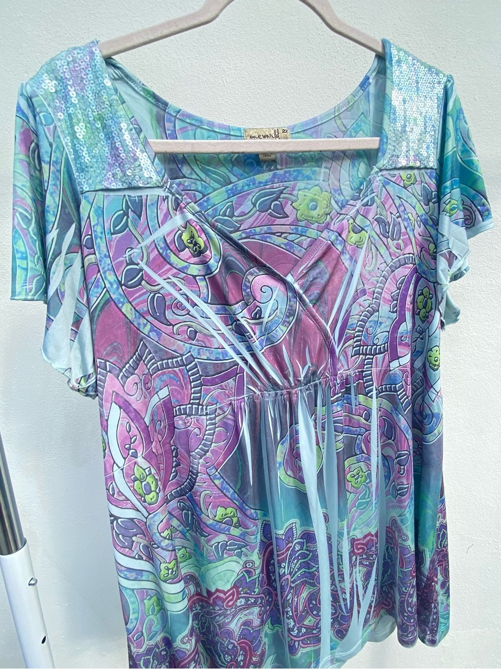 Y2K One World Purple Green & Blue Paisley Sequon Blouse Size 2X